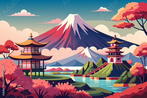 Beautiful View of Mount Fuji in Fujiyoshida, Japan vector illustration