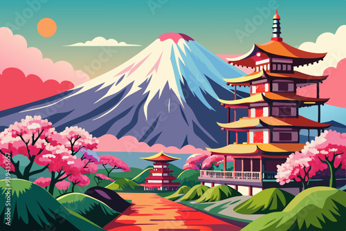 Beautiful View of Mount Fuji in Fujiyoshida, Japan vector illustration