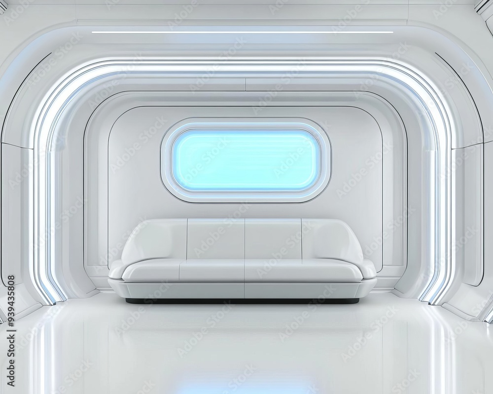 Modern white interior with a sleek sofa and futuristic design elements, featuring ambient lighting and a large window. Modern white interior with a sleek sofa and futuristic design elements, featuring ambient lighting and a large window.