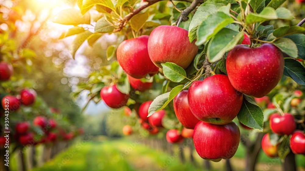 Lush red apple tree with ripe fruit hanging on branches in an orchard harvest setting, depicting autumn freshness in agriculture with organic leaves Lush red apple tree with ripe fruit hanging on branches in an orchard harvest setting, depicting autumn freshness in agriculture with organic leaves