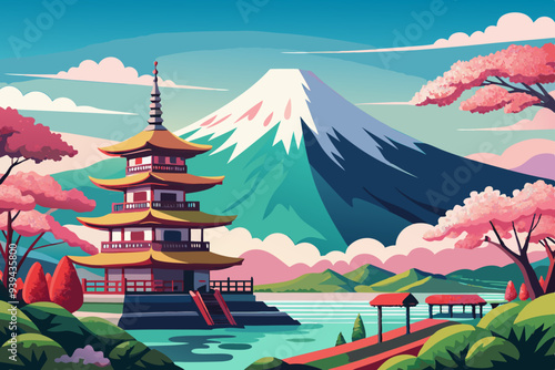 Beautiful View of Mount Fuji in Fujiyoshida, Japan vector illustration