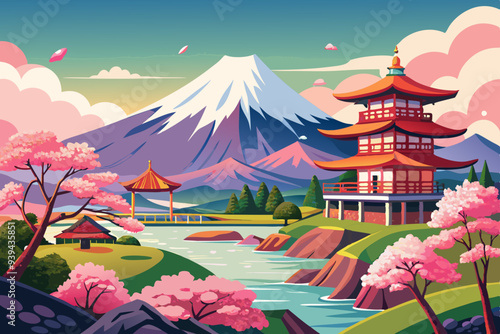 Beautiful View of Mount Fuji in Fujiyoshida, Japan vector illustration