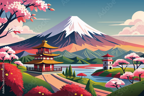 Beautiful View of Mount Fuji in Fujiyoshida, Japan vector illustration