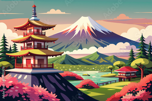 Beautiful View of Mount Fuji in Fujiyoshida, Japan vector illustration