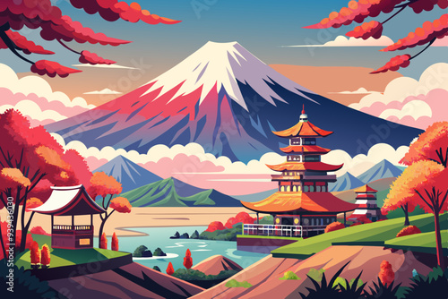 Beautiful View of Mount Fuji in Fujiyoshida, Japan vector illustration