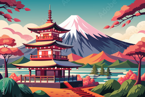 Beautiful View of Mount Fuji in Fujiyoshida, Japan vector illustration
