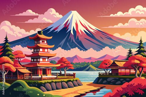 Beautiful View of Mount Fuji in Fujiyoshida, Japan vector illustration