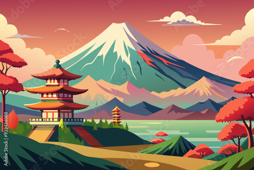 Beautiful View of Mount Fuji in Fujiyoshida, Japan vector illustration