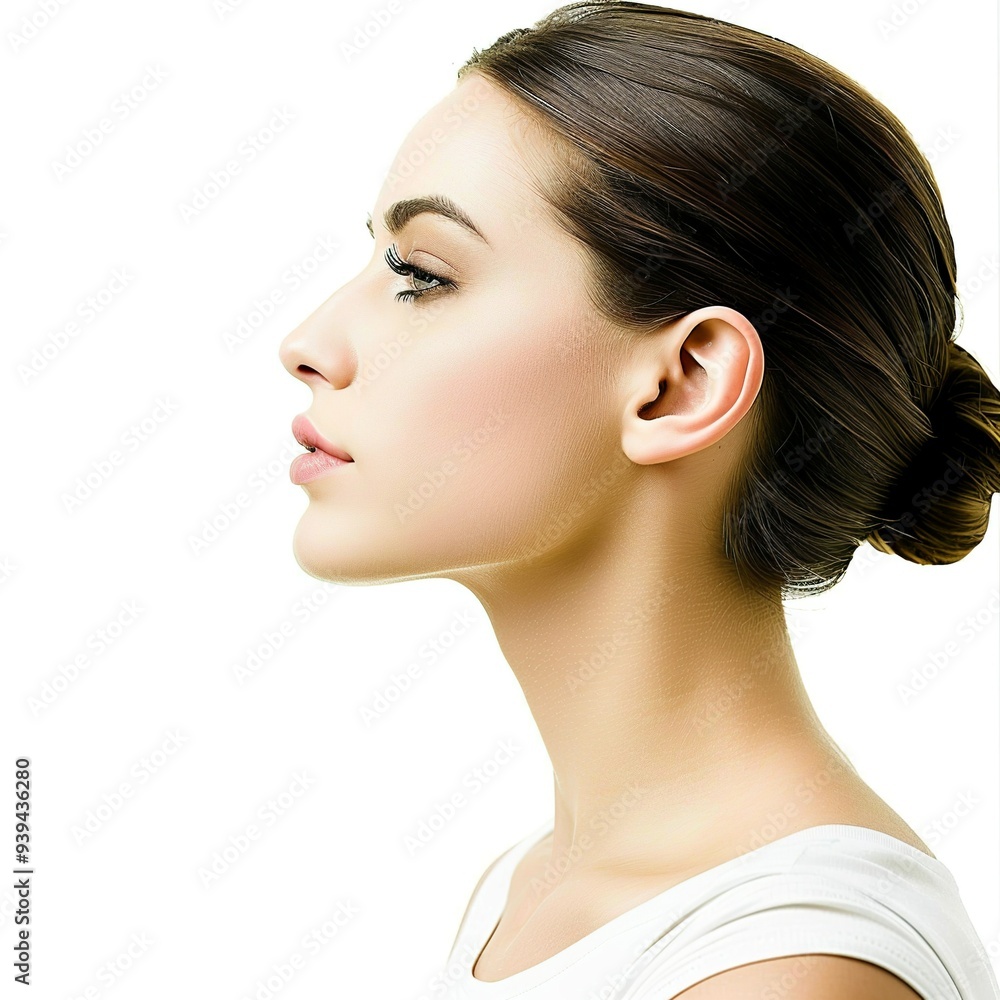 Profile portrait of a serene woman with hair in a bun, minimalist style. Profile portrait of a serene woman with hair in a bun, minimalist style.