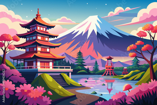Beautiful View of Mount Fuji in Fujiyoshida, Japan vector illustration
