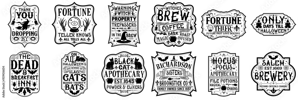 Fototapeta premium Minimal Vintage Halloween Sign Labels And Badges, Typographic Emblems Collection Vector Illustration for Flyer, Bookmark, Sticker