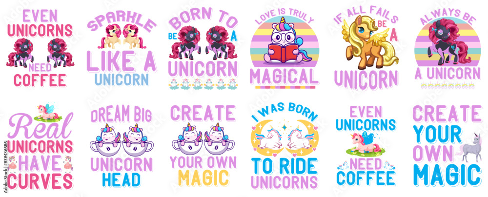 Fototapeta premium Decorative Unicorn Trendy Retro Style Illustration, Typography Set Vector Illustration for Holiday Cards, Vouchers, Poster