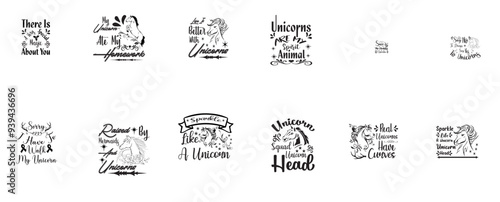 Decorative Unicorn Typographic Emblems, Trendy Retro Style Illustration Set Vector Illustration for Poster, Book Cover, Icon