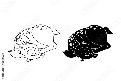 Line sketch, coloring, silhouette of a small sleeping roe deer. Vector graphics.