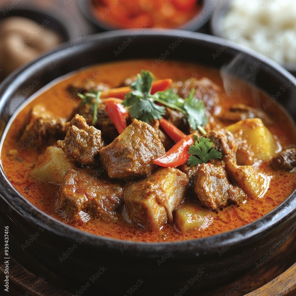 Closeup of Steaming Spicy Beef and Potato Curry in a Bowl - Food Photography Closeup of Steaming Spicy Beef and Potato Curry in a Bowl - Food Photography