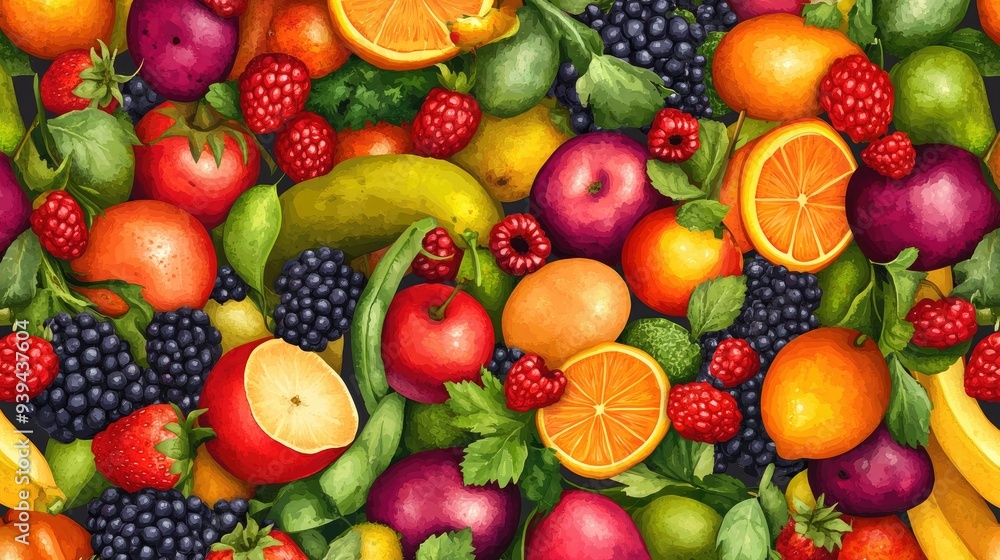 A seamless background of fresh fruits, vegetables, and berries, A seamless background of fresh fruits, vegetables, and berries,