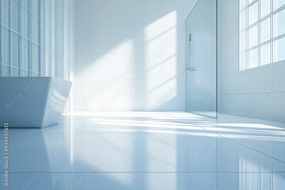 Obraz premium A serene, modern bathroom with bright natural light illuminating sleek surfaces and minimalist design.