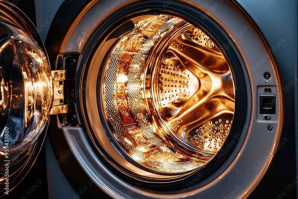 Close-up view of a modern washing machine drum illuminated with warm light, showcasing its sleek design and intricate details. Close-up view of a modern washing machine drum illuminated with warm light, showcasing its sleek design and intricate details.