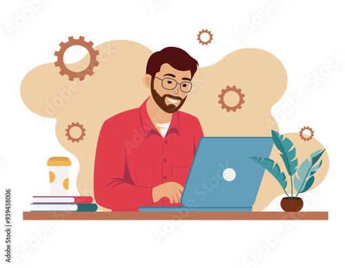 A young man is sitting at a laptop. The concept of working from home, online, freelancing. Vector illustration.