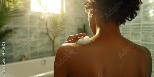 Woman taking bath in sunny bathroom, self-care concept photo