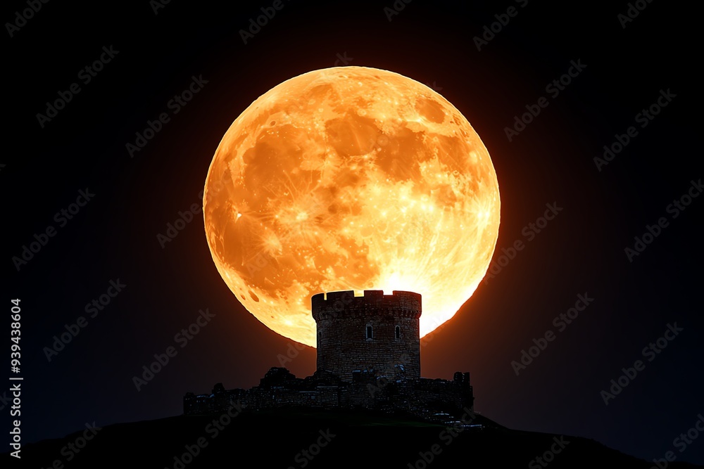 Fototapeta premium A lunar eclipse occurring over a historic landmark, such as a castle or ancient ruins, with the structure silhouetted against the glowing moon