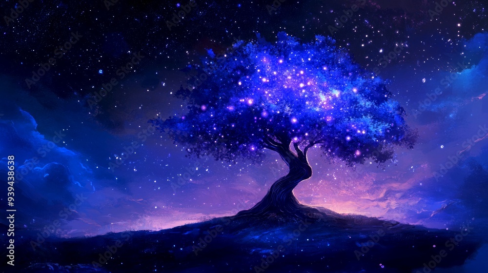 A magical tree filled with stars stands against a cosmic night sky. This vibrant digital artwork evokes wonder and serenity. Perfect for fantasy and nature themes. AI A magical tree filled with stars stands against a cosmic night sky. This vibrant digital artwork evokes wonder and serenity. Perfect for fantasy and nature themes. AI