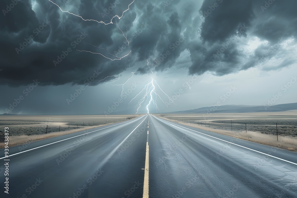 A dramatic storm crossing an empty highway under darkened skies. A dramatic storm crossing an empty highway under darkened skies.
