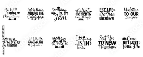 Minimalist Camping Inscriptions, Typographic Emblems Collection Vector Illustration for Decal, Flyer, Mug Design