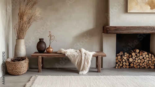 Cozy Serenity: Captivating Poster for Chic Interiors Featuring a Wooden Bench, Luxurious Fur, Dried Decor, and a Warm Fireplace - Perfect for Elevating Your Living Space Aesthetic