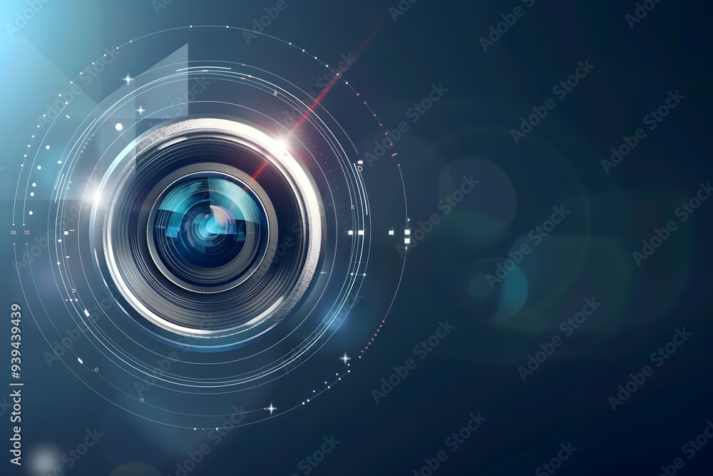 Close-up of a camera lens with a futuristic design and glimmering light effects.