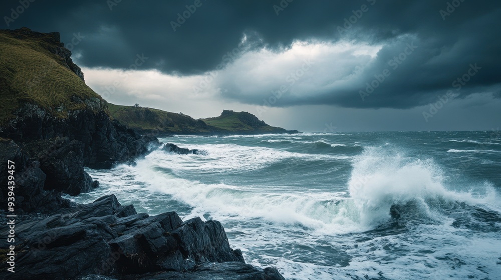 A dramatic coastal scene with crashing waves and dark stormy skies. A dramatic coastal scene with crashing waves and dark stormy skies.