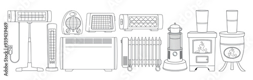 Collection Of Heating Devices Including Radiators And Heaters In Black And White Colors. Outline Vector Illustration