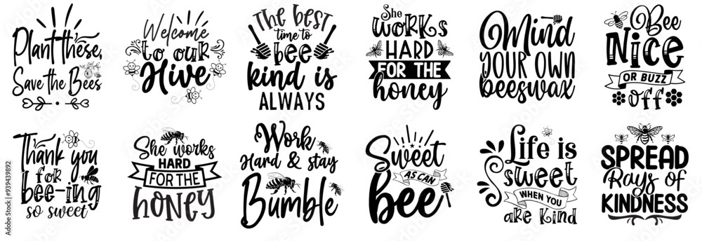 Fototapeta premium Simple Bee Hand Lettering, Labels And Badges Set Vector Illustration for Gift Card, Postcard, Brochure