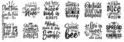 Simple Bee Hand Lettering, Labels And Badges Set Vector Illustration for Gift Card, Postcard, Brochure