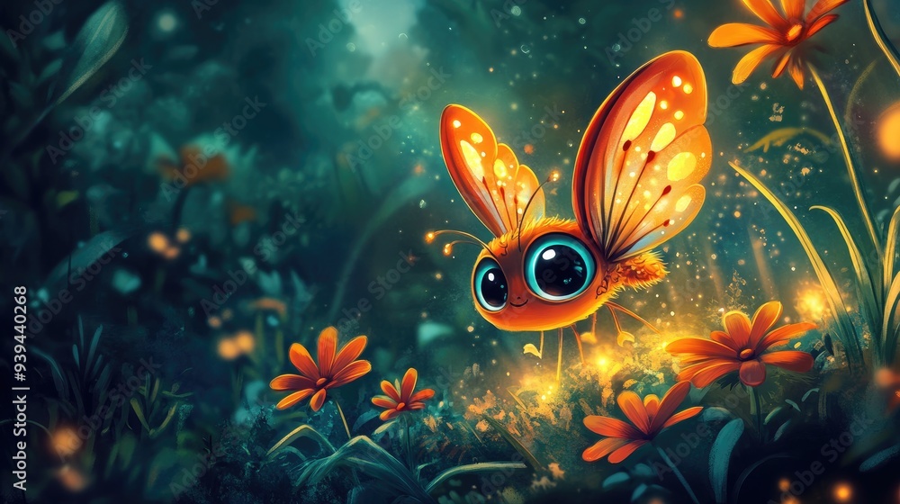 Fototapeta premium A tiny, adorable cartoon creature with big eyes and little wings, flying around a glowing flower in a magical garden.