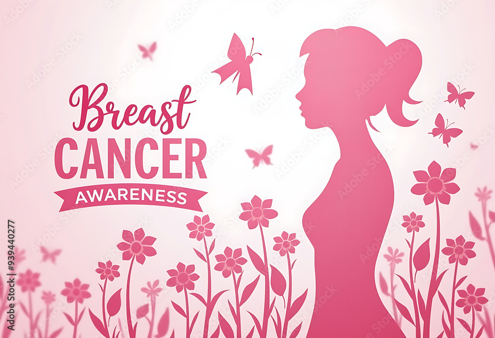 Breast Cancer Awareness Month poster design with a silhouette of a woman's head and flowers Breast Cancer Awareness Month poster design with a silhouette of a woman's head and flowers