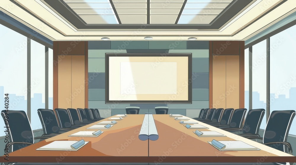 Modern conference room with a long table, empty chairs, and a large screen, ideal for corporate meetings and presentations overlooking cityscape. Modern conference room with a long table, empty chairs, and a large screen, ideal for corporate meetings and presentations overlooking cityscape.