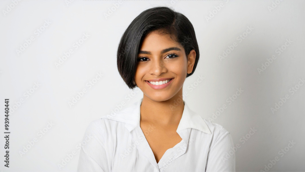 Portrait of an Arab female business professional with short hair, set against a white wall Portrait of an Arab female business professional with short hair, set against a white wall