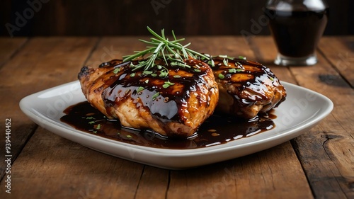 stock photography sizzling balsamic glazed chicken prepared aesthetically with a background of wooden table photo