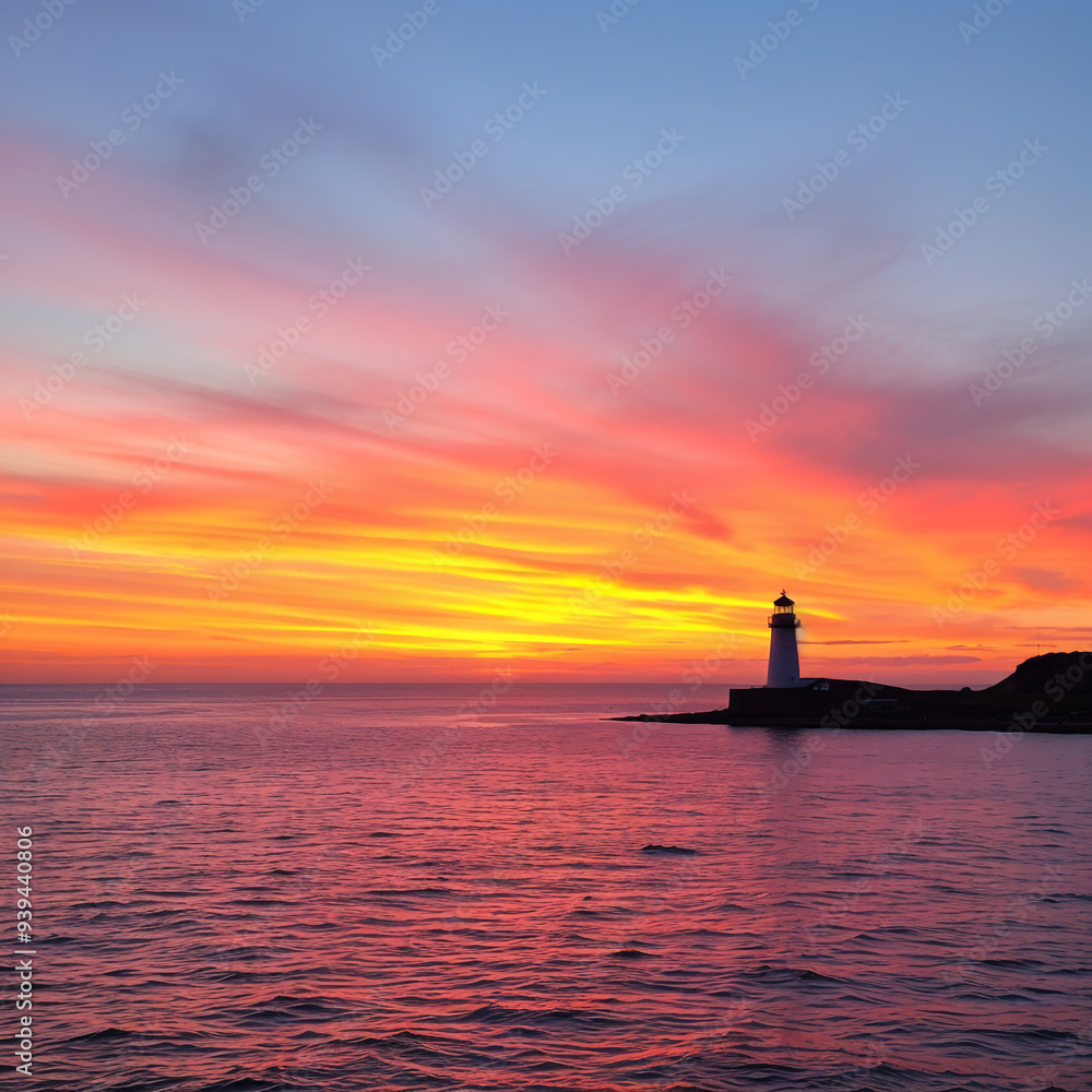 Sunset Over Lighthouse with Vibrant Colors Reflecting on Calm Sea Sunset Over Lighthouse with Vibrant Colors Reflecting on Calm Sea