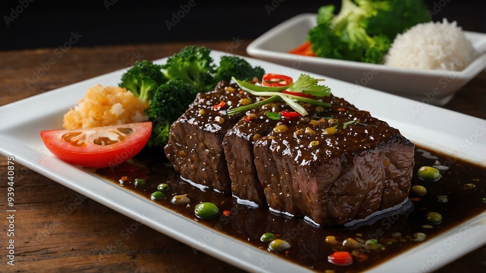 stock photography sizzling black pepper beef prepared aesthetically with a background of wooden table stock photography sizzling black pepper beef prepared aesthetically with a background of wooden table