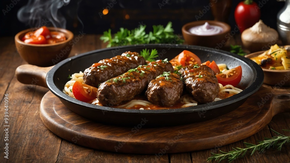 stock photography sizzling cevapi prepared aesthetically with a background of wooden table stock photography sizzling cevapi prepared aesthetically with a background of wooden table