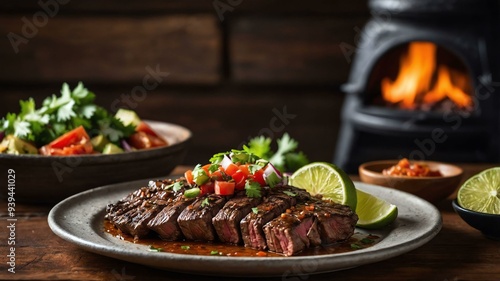 stock photography sizzling carne asada prepared aesthetically with a background of wooden table