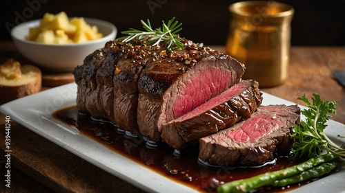 stock photography sizzling chateaubriand prepared aesthetically with a background of wooden table