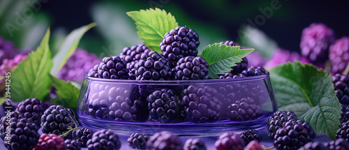 Fresh blackberries in a bowl, surrounded by vibrant foliage. Perfect for recipes, healthy snacks, or dessert displays. photo