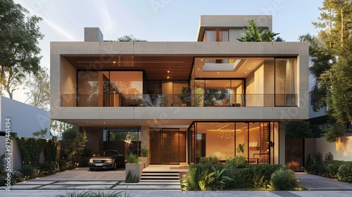 A modern luxurious home showcasing expansive glass windows, lush surrounding greenery, and contemporary design emphasizing natural light and space.