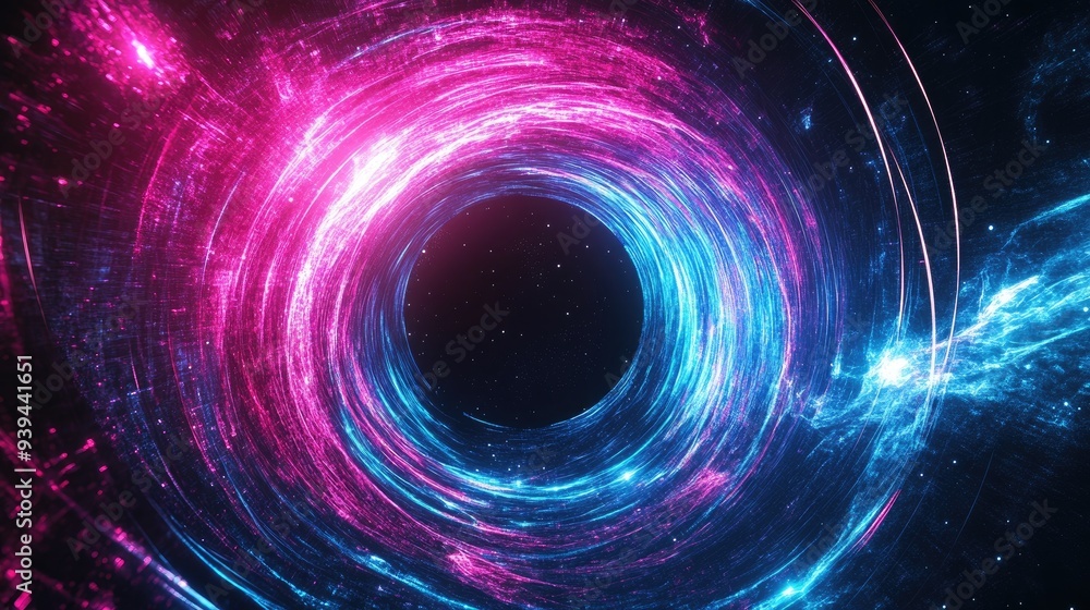 A vibrant cosmic background with a black hole at the center, encircled by neon pink and blue lines, representing a swirling galaxy. A vibrant cosmic background with a black hole at the center, encircled by neon pink and blue lines, representing a swirling galaxy.