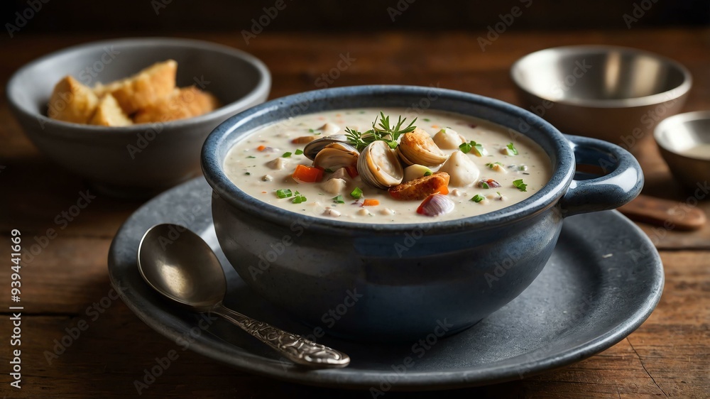 stock photography sizzling clam chowder prepared aesthetically with a background of wooden table stock photography sizzling clam chowder prepared aesthetically with a background of wooden table
