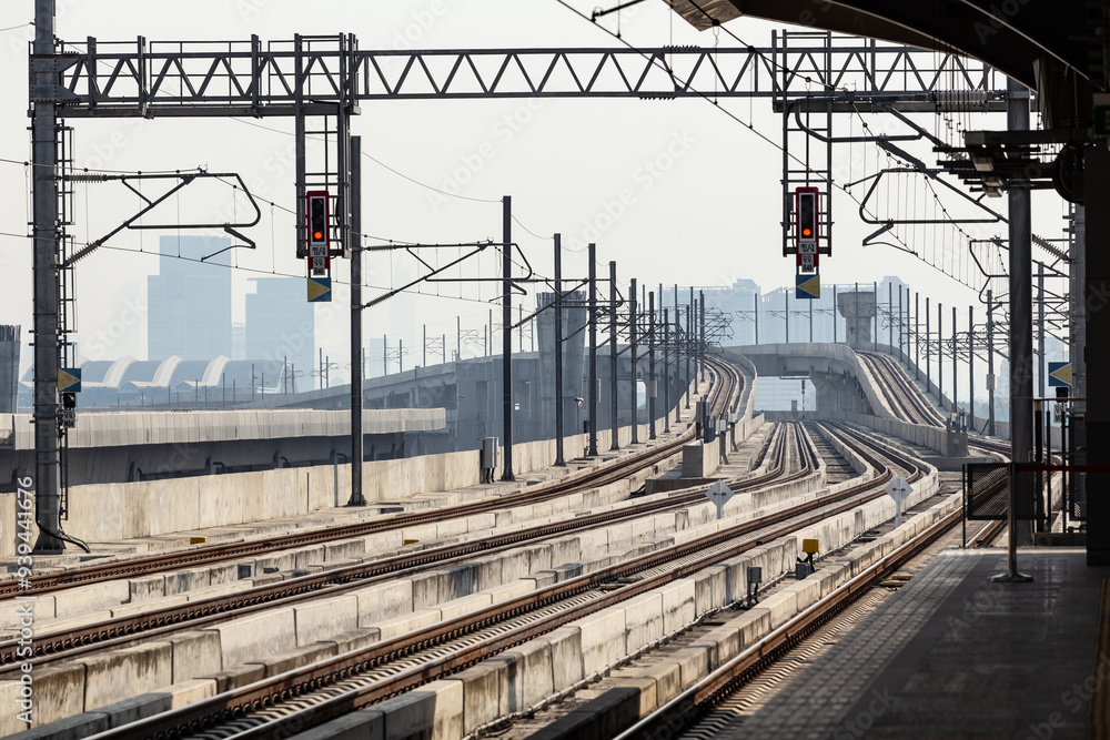 Several elevated railway lines enter a large central station, with visible traffic lights. Several elevated railway lines enter a large central station, with visible traffic lights.