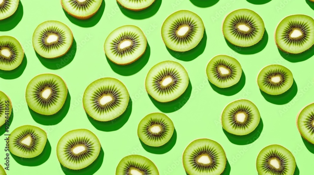 Fototapeta premium A vibrant pattern of sliced kiwi fruits arranged on a bright green background, creating a fresh,